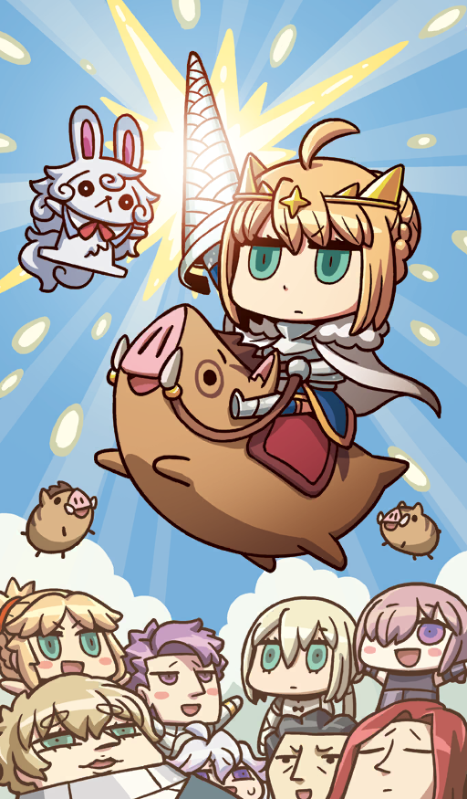3girls 6+boys agravain_(fate) ahoge armor armored_boots artoria_pendragon_(fate) artoria_pendragon_(lancer)_(fate) bedivere_(fate) black_armor black_hair blonde_hair blue_background boar boar_piglet_(fate) boots bun_with_braided_base cape cheering chibi chibi_only chinese_zodiac closed_eyes closed_mouth commentary creature expressionless fate/grand_order fate_(series) fou_(fate) gawain_(fate) glowing glowing_weapon green_eyes hair_over_one_eye happy holding holding_polearm holding_weapon horseback_riding knights_of_the_round_table_(fate) lancelot_(fate/grand_order) long_hair low_twintails mash_kyrielight mash_kyrielight_(demi-servant) merlin_(fate) mordred_(fate) multiple_boys multiple_girls official_art open_mouth parted_lips pink_hair polearm ponytail purple_eyes red_hair red_scrunchie reins rhongomyniad_(fate) riding riyo_(lyomsnpmp) saddle scrunchie short_hair sidelocks small_sweatdrop smile solo_focus third-party_source tristan_(fate) twintails v-shaped_eyebrows weapon white_cape white_hair year_of_the_pig
