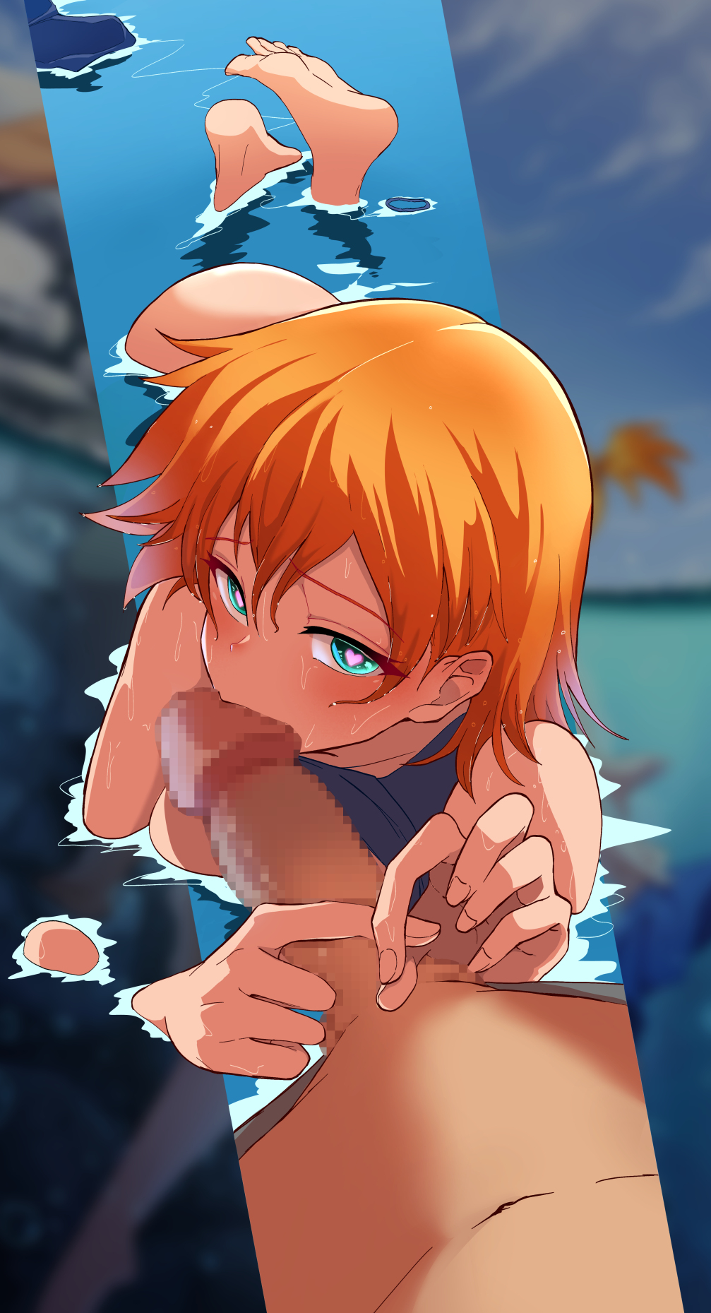 1boy 1girl aqua_eyes ash_ketchum ass barefoot bike_shorts blue_shorts blush clothes_lift commentary_request erection feet fellatio glansjob hair_down heart heart-shaped_pupils hetero highres large_variant_set looking_at_viewer misty_(pokemon) navel nintendo oral orange_hair outdoors paid_reward_available partially_submerged penis pokemon pokemon_(anime) pokemon_(classic_anime) pokemon_frlg pov pov_crotch shirt_lift short_hair shorts soles symbol-shaped_pupils toes toiro_gawon unworn_shorts variant_set water