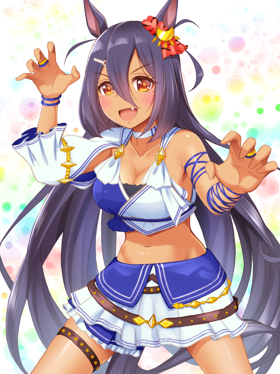 1girl animal_ears bare_shoulders black_hair blue_shirt breasts claw_pose cleavage commentary_request cowboy_shot dark-skinned_female dark_skin ear_ornament ear_scrunchie fang hair_between_eyes highres hishi_amazon_(umamusume) horse_ears horse_girl large_breasts long_hair navel open_clothes open_mouth red_eyes shirt simple_background single_bare_shoulder smile solo standing stomach sugimotty_nova thigh_strap two-tone_shirt umamusume very_long_hair white_background white_shirt