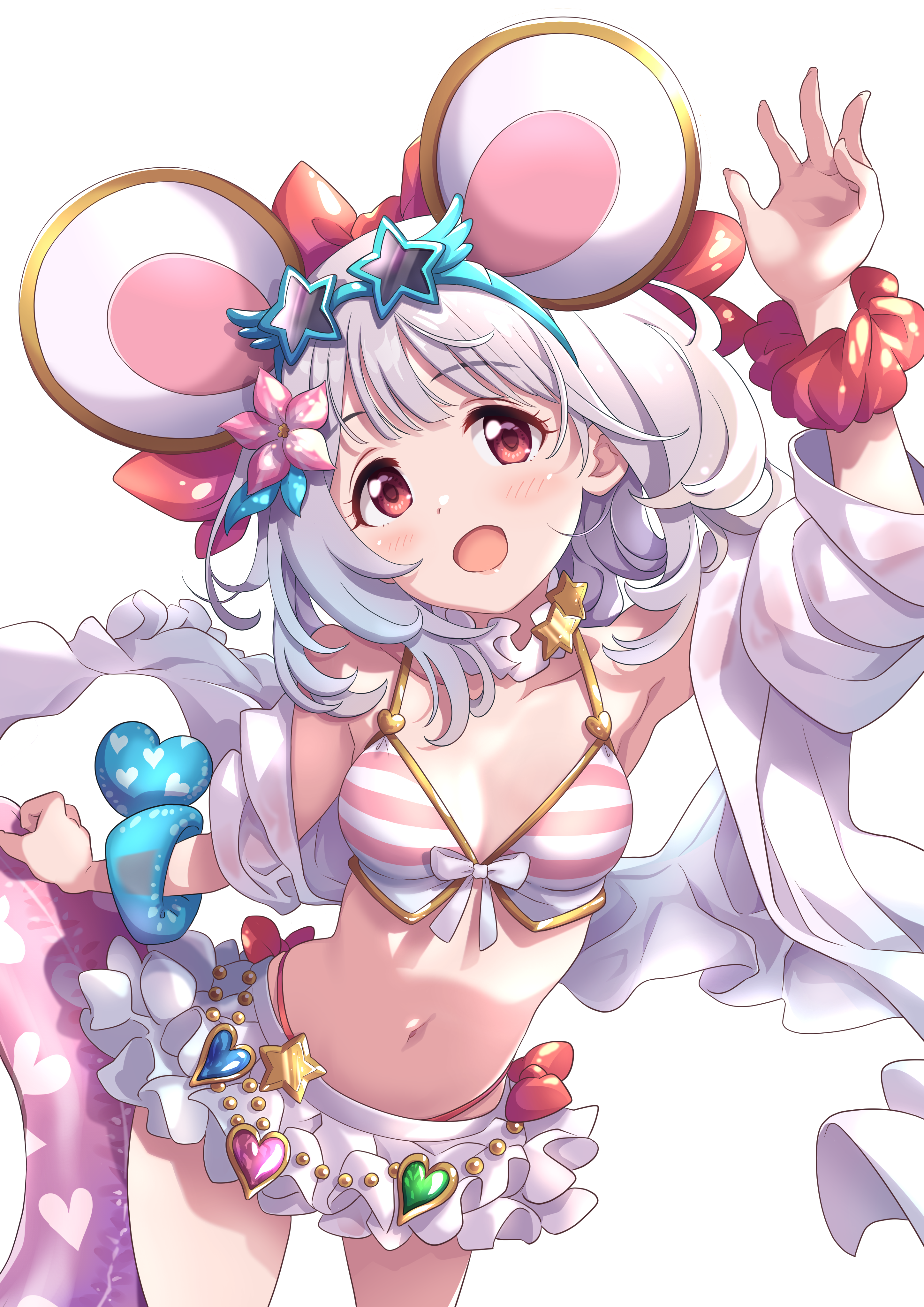 1girl absurdres animal_ears arm_up armpits bare_shoulders bikini bikini_skirt blue-framed_eyewear blush bob_cut breasts choker cleavage collarbone commentary_request eyewear_on_head flower frilled_choker frills front-tie_bikini_top front-tie_top granblue_fantasy hair_flower hair_ornament highres jacket long_sleeves mouse_ears navel open_clothes open_jacket open_mouth princess_connect! red_eyes red_scrunchie scrunchie short_hair side-tie_bikini_bottom skirt small_breasts smile solo standing star-shaped_eyewear star_(symbol) striped_bikini striped_clothes sunglasses swimsuit tsukachii vikala_(blooming_summer_wallflower)_(granblue_fantasy) vikala_(granblue_fantasy) white_background white_jacket wrist_scrunchie