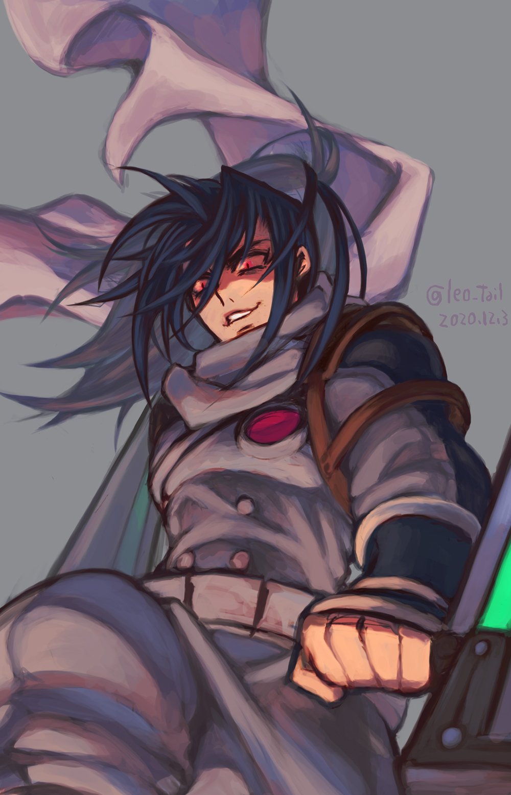 1boy blue_hair cowboy_shot dated evil_grin evil_smile grey_background grin highres holding holding_weapon leg_up leo_tail long_hair looking_down male_focus ponytail red_eyes scarf simple_background smile solo strider_(video_game) strider_hien twitter_username weapon white_scarf