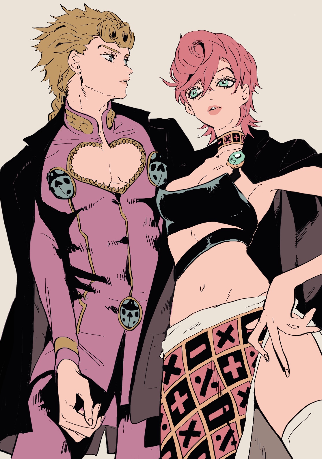 1boy 1girl aruhino black_choker black_jacket black_sarong blonde_hair blue_eyes braid braided_ponytail breasts bug choker cleavage cleavage_cutout clothing_cutout collarbone cowboy_shot crop_top earrings eyelashes fingernails giorno_giovanna green_eyes hand_on_own_hip heart_cutout highres hip_bones insect jacket jacket_on_shoulders jewelry jojo_no_kimyou_na_bouken ladybug ladybug_ornament lapels long_hair long_sleeves looking_to_the_side mandarin_collar math midriff multicolored_choker multicolored_sarong navel notched_lapels pants pectoral_cleavage pectorals pink_choker pink_hair pink_jacket pink_lips pink_pants pink_sarong pocket sarong short_hair simple_background skirt sternocleidomastoid_muscle thick_lips thighhighs trish_una vento_aureo white_background white_sarong white_thighhighs wing_ornament yellow_choker yellow_sarong yellow_wings