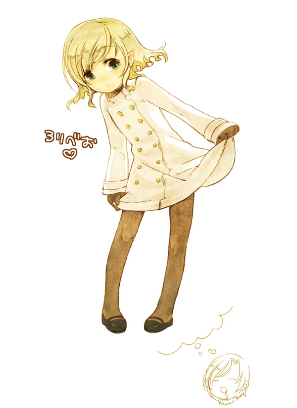1boy ^_^ ^q^ aozaki_touko aozaki_touko_(mahou_tsukai_no_yoru) bad_id bad_pixiv_id blonde_hair chibi chibi_inset closed_eyes coat green_eyes lugh_beowulf mahou_tsukai_no_yoru male_focus pantyhose skirt_hold solo trap uni_(pixiv3369507) yuni_(via_junk)