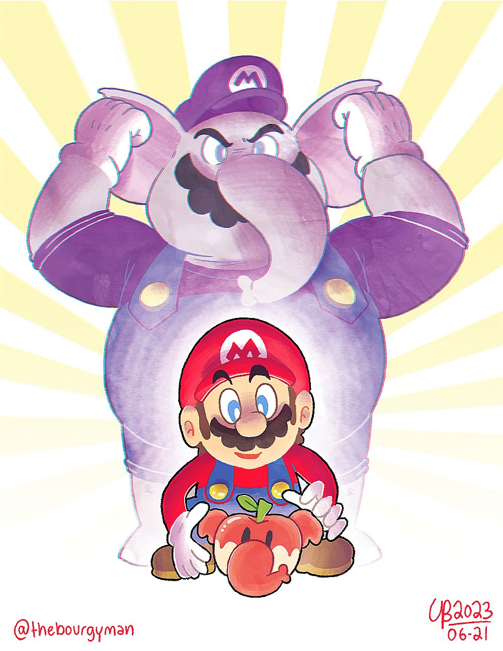 1boy animal_ears blue_eyes brown_hair elephant_ears elephant_fruit elephant_mario facial_hair grin hat highres looking_at_viewer mario mario_(series) mustache nintendo overalls power-up smile super_mario_bros._wonder thebourgyman transformation