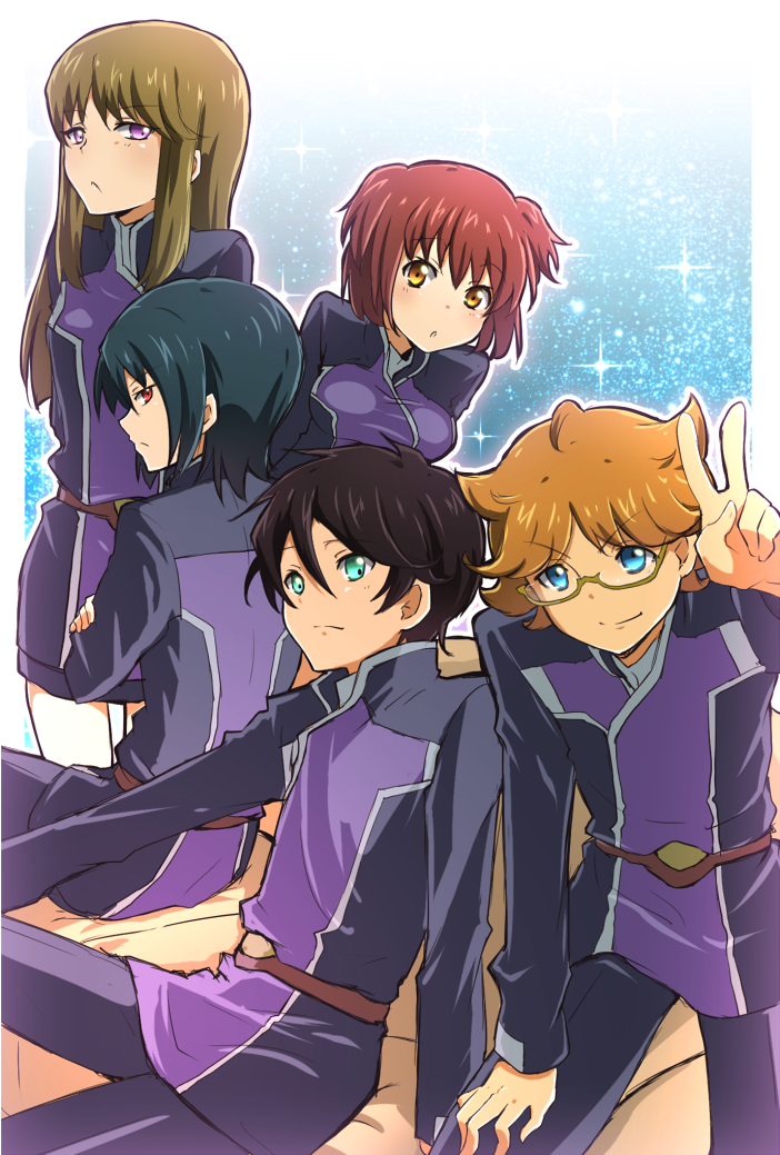 10s 2girls 3boys asagi_toshikazu bad_id bad_pixiv_id banchii black_hair blue_hair brown_eyes brown_hair glasses hitachi_izuru irie_tamaki kugimiya_kei long_hair majestic_prince multiple_boys multiple_girls purple_eyes red_eyes short_hair smile suruga_ataru uniform