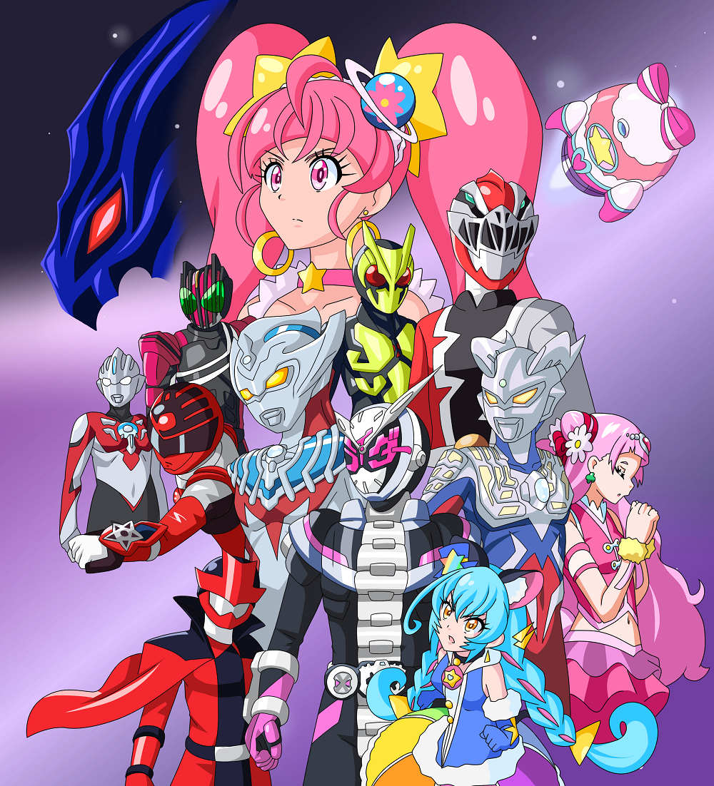 3girls 6+boys ahoge alien animal_ear_fluff animal_ears antennae armor armored_bodysuit assault_visor avengers:_endgame avengers_(series) belt black_armor black_bodysuit black_choker blue_bodysuit blue_gloves blue_hair blue_hat blunt_bangs bodysuit braid buti-yu cape cat_ears choker clenched_hands clock clock_hands closed_eyes clothes_writing clover_earrings color_timer compound_eyes cone_hair_bun cowboy_shot crossover cure_cosmo cure_star cure_yell cut_bangs dorsal_fin double_bun dress earrings elbow_gloves everyone flower fur_trim gauntlets gloves glowing glowing_eyes gradient_background green_armor green_eyes hair_bun hair_flower hair_ornament hair_ribbon hat heart heart_hair_ornament helmet hoop_earrings horns hoshina_hikaru hugtto!_precure jewelry kaitou_sentai_lupinranger_vs._keisatsu_sentai_patranger kamen_rider kamen_rider_01_(series) kamen_rider_dcd kamen_rider_decade kamen_rider_zero-one kamen_rider_zi-o kamen_rider_zi-o_(series) kishiryu_sentai_ryusoulger layered_skirt long_hair looking_to_the_side lupinred magical_girl marvel marvel_cinematic_universe midriff mini_hat mini_top_hat multicolored_bodysuit multicolored_hair multicolored_skirt multiple_boys multiple_crossover multiple_girls navel nono_hana parody parted_lips pink_armor pink_choker pink_dress pink_eyes pink_gloves pink_hair pink_shirt pink_skirt planet_hair_ornament pleated_skirt praying precure rainbow_skirt red_bodysuit red_cape red_eyes red_helmet ribbon rider_belt ridewatch ryusoul_red science_fiction serious shirt shishi_red skirt sleeveless sleeveless_shirt space spacecraft standing star_(symbol) star_choker star_color_pendant star_symbol_background star_twinkle_precure streaked_hair super_sentai thick_eyelashes tilted_headwear tokusatsu top_hat triangle_hair_ornament twin_braids twintails uchuu_sentai_kyuuranger ultra_series ultraman_orb ultraman_orb_(series) ultraman_taiga ultraman_taiga_(series) ultraman_tregear ultraman_zero upper_body very_long_hair white_eyes white_gloves yellow_eyes yuni_(precure)