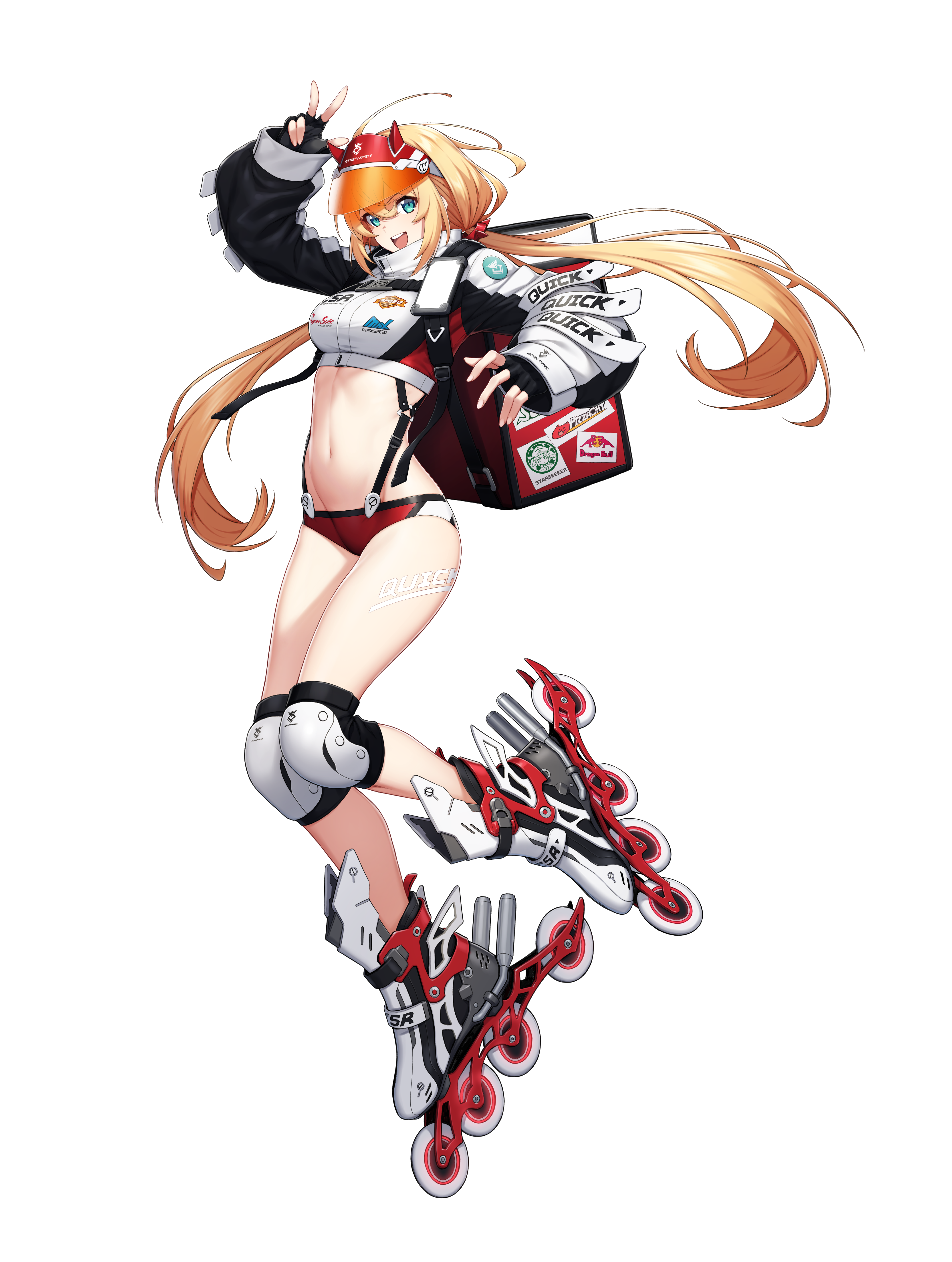 1girl :d absurdres arm_up black_gloves black_jacket blonde_hair blue_eyes brand_name_imitation breasts buruma chloe_starseeker counter:side crop_top cropped_jacket fingerless_gloves floating_hair full_body gloves high_collar highres inline_skates jacket knee_pads lara_jaeger leg_tattoo long_hair long_sleeves looking_at_viewer low_twintails medium_breasts midriff navel official_art open_mouth puffy_sleeves red_buruma revealing_clothes roller_skates shirt shoes skates smile solo starbucks stomach strap tattoo thighs transparent_background twintails very_long_hair visor_cap w white_shirt