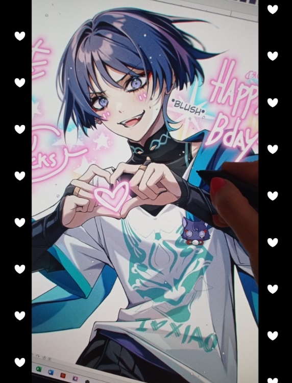 1boy alternate_costume armor art_tools_in_frame artist&#039;s_hand_in_frame black_bodysuit black_border black_bridal_gauntlets blue_cape blue_trim blunt_ends blush bodysuit border bridal_gauntlets cape casual character_name contemporary ero_pinku eyeliner eyeshadow genshin_impact gold_ring happy_birthday heart heart_hands japanese_armor kote kurokote makeup male_focus mandarin_collar middle_ring multicolored_hair open_mouth orange_nails photo_(medium) pillarboxed pink_hair purple_eyes purple_hair red_eyeliner red_eyeshadow scaramouche_(cat)_(genshin_impact) scaramouche_(genshin_impact) shirt short_sleeves shoulder_peek solo streaked_hair taskbar teeth upper_teeth_only wanderer_(genshin_impact) white_shirt white_sleeves