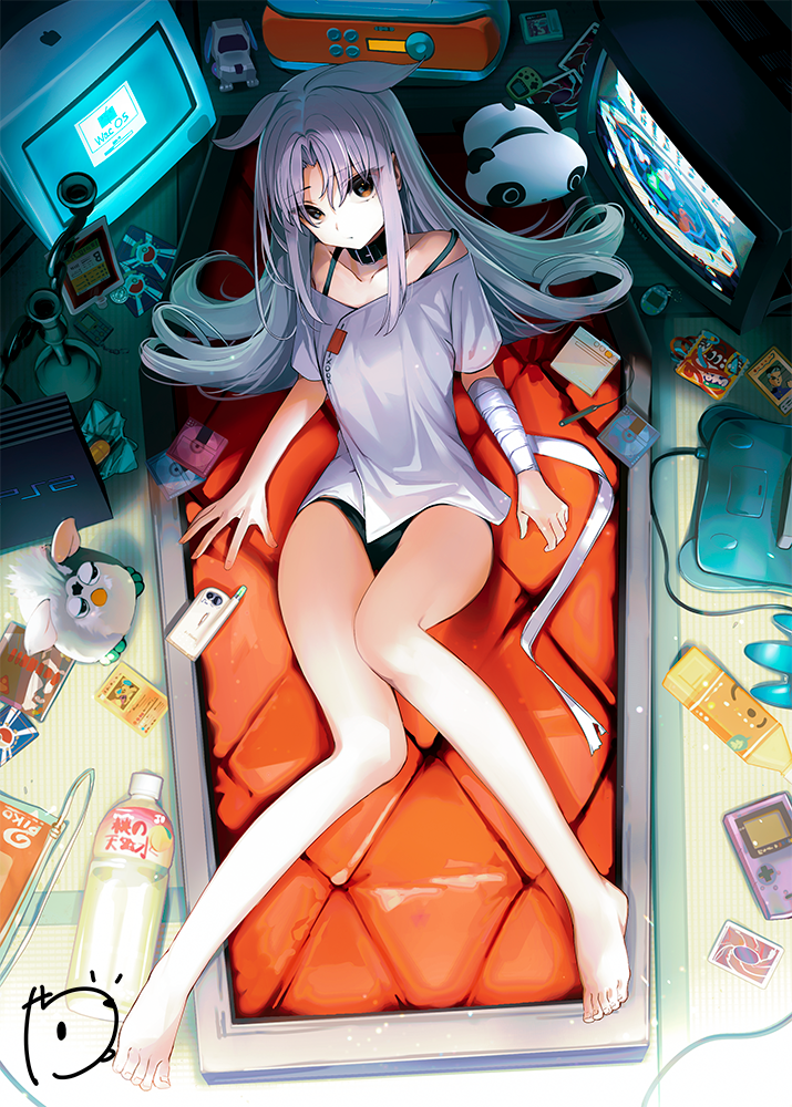 1girl animal_ears apple_inc. bandaged_arm bandages bare_shoulders black_panties blood blood_bag bottle brown_eyes card charizard collar crt digimon_(virtual_pet) elbow_rest floppy_disk furby game_boy game_console gen_1_pokemon handheld_game_console honda_hiroto kagawa_ichigo long_hair looking_at_viewer messy_room nintendo nintendo_64 no_pants original panties playstation_2 pocket_pikachu pokemon pokemon_tcg purple_hair sitting solo stuffed_toy tamagotchi tamagotchi_(virtual_pet) tamagotchi_plus television underwear virtual_pet_(toy) yu-gi-oh! yu-gi-oh!_(toei)