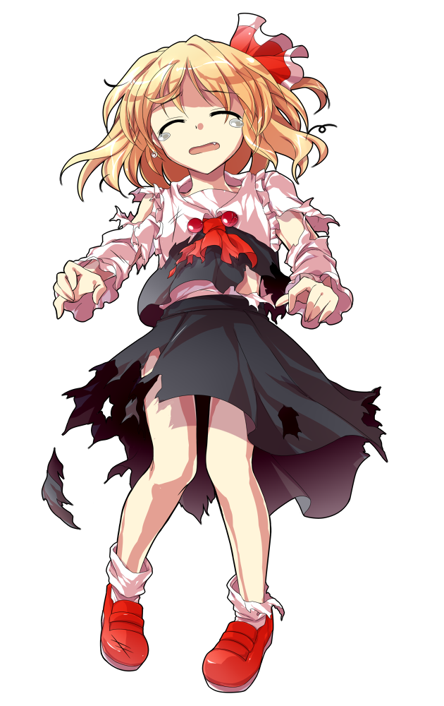 1girl alphes_(style) ascot black_dress black_vest blonde_hair blouse closed_eyes collar collared_shirt commentary_request crying dairi defeat dress fang frilled_collar frilled_sleeves frills full_body hair_ribbon large_variant_set long_sleeves mary_janes open_mouth parody red_ascot red_ribbon red_shoes ribbon rumia sad shirt shoes socks solo style_parody tachi-e torn_ascot torn_clothes torn_dress torn_shirt torn_sleeves torn_vest touhou transparent_background two-tone_ribbon variant_set vest white_ribbon white_sleeves white_socks white_trim