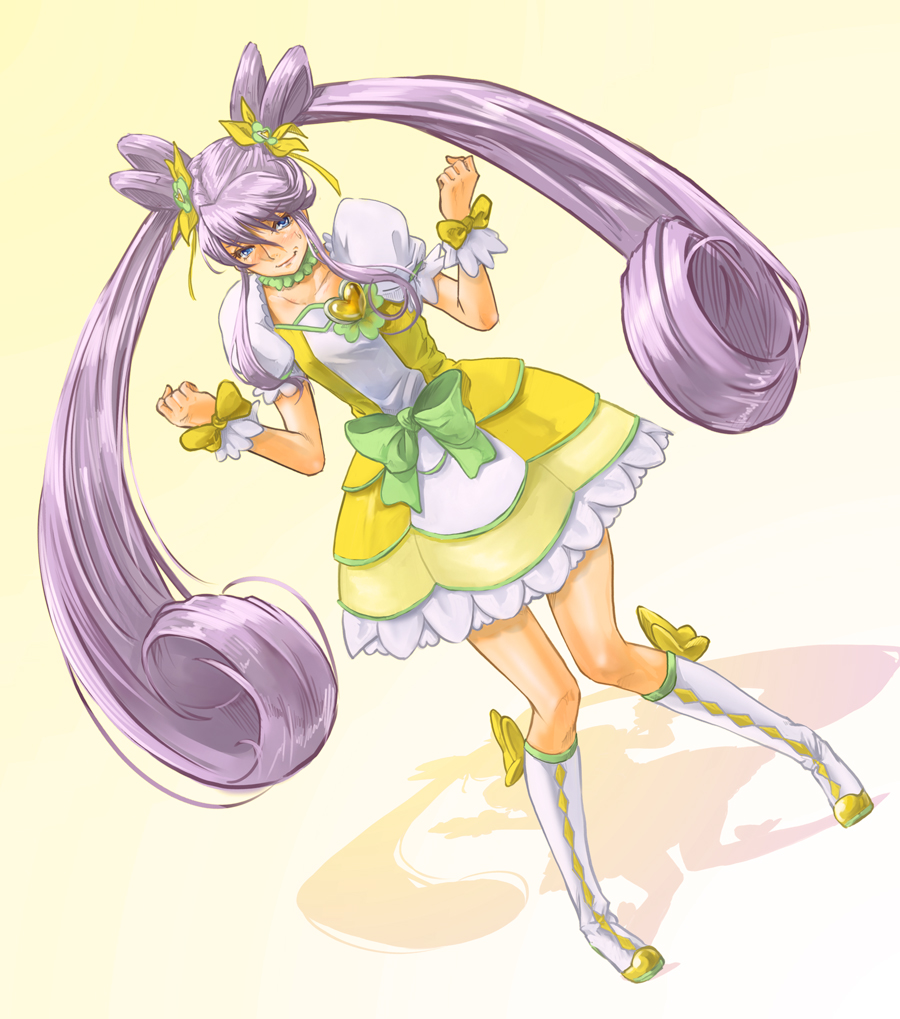 1girl blue_eyes boots bow brooch choker cosplay cure_moonlight cure_rosetta cure_rosetta_(cosplay) dokidoki!_precure double_bun dutch_angle embarrassed female_focus flower full_body goru_(cure_golgom) hair_bun hair_flower hair_ornament hair_ribbon heart heart_brooch heartcatch_precure! jewelry long_hair magical_girl precure purple_hair ribbon skirt solo tsukikage_yuri twintails waist_bow wrist_cuffs yellow_background