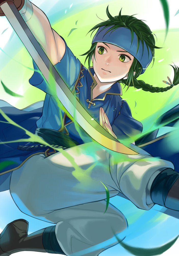 1boy boots collared_shirt fire_emblem fire_emblem:_the_blazing_blade grass green_eyes green_hair guy_(fire_emblem) headband holding holding_sword holding_weapon kiyuu mongolian_clothes nintendo ponytail shirt sword upper_body weapon
