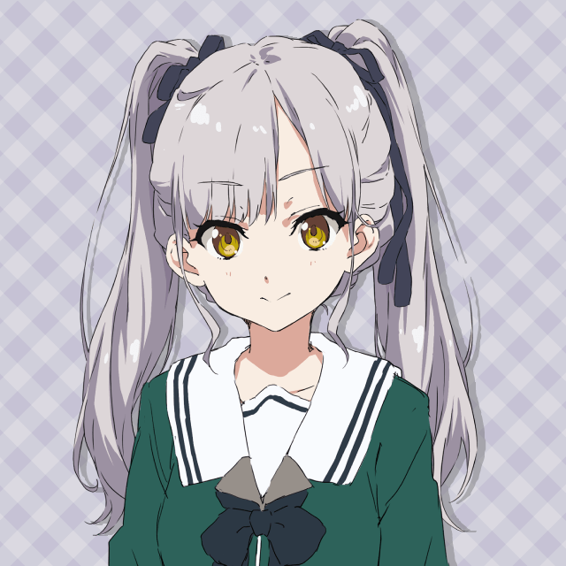 1girl 22/7 22/7_ongaku_no_jikan arms_at_sides asymmetrical_bangs black_bow black_bowtie black_ribbon bow bowtie closed_mouth drop_shadow green_shirt grey_background hair_ribbon igarashi_maki long_hair long_sleeves looking_at_viewer official_art portrait ribbon rokubanchou_school_uniform sailor_collar school_uniform serafuku shirt smile solo straight-on twintails white_hair white_sailor_collar winter_uniform yellow_eyes