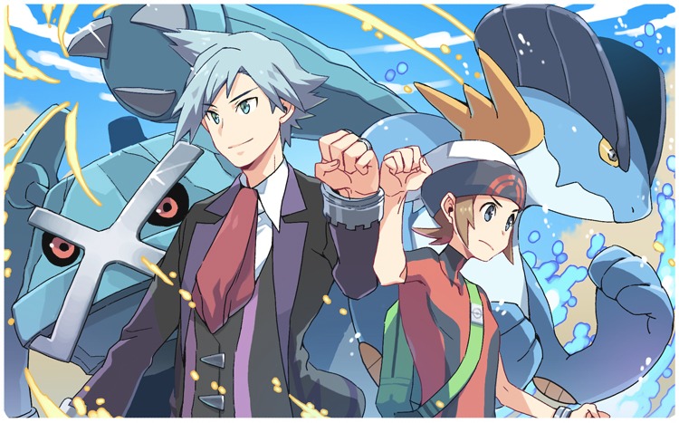 2boys backpack bad_id bad_pixiv_id bag beanie brendan_(pokemon) brown_hair clenched_hand closed_mouth collared_shirt commentary_request gen_3_pokemon green_bag hat jacket jewelry long_sleeves male_focus metagross multiple_boys necktie nintendo open_clothes open_jacket pokemon pokemon_(creature) pokemon_oras red_neckwear ring shirt short_hair short_sleeves smile steven_stone swampert upper_body vest white_headwear white_shirt xichii