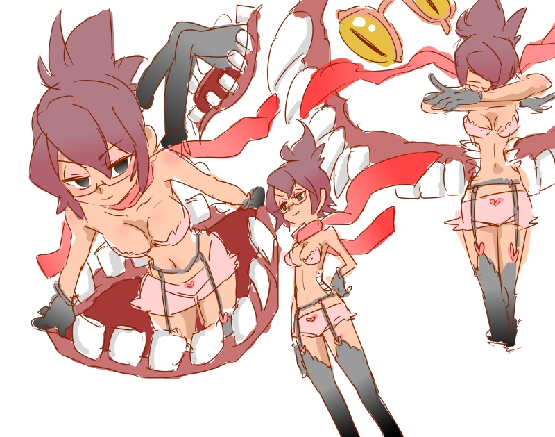 1girl brown_hair extra_mouth folded_ponytail garter_belt garter_straps glasses gloves lingerie looking_at_viewer monster_girl scarf skullgirls smile solo thighhighs underwear venus_(skullgirls) wataametarou