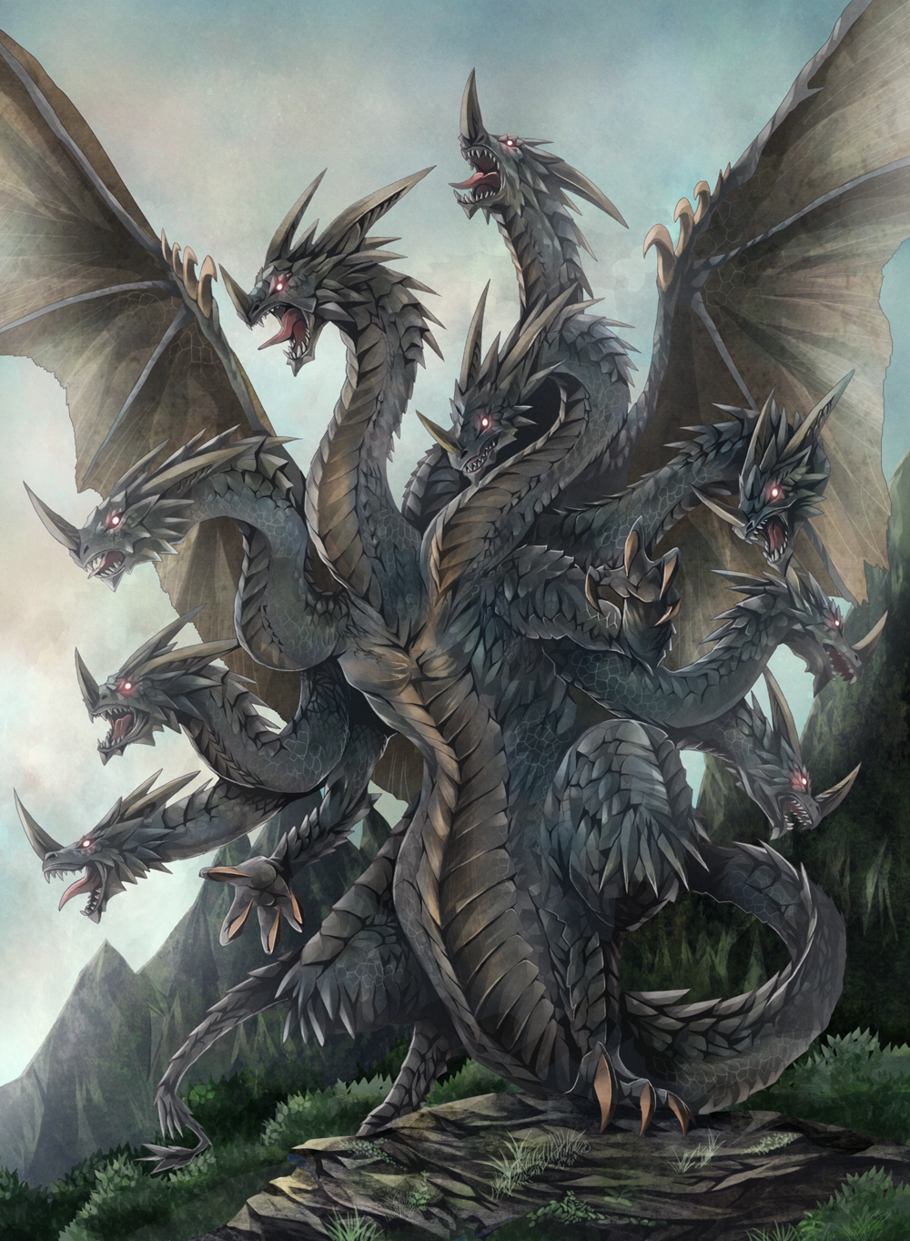 bat_wings claws dragon fangs glowing glowing_eyes greek_mythology highres horns hydra michii_yuuki mountain multiple_heads no_humans pixiv_fantasia pixiv_fantasia_5 red_eyes wings