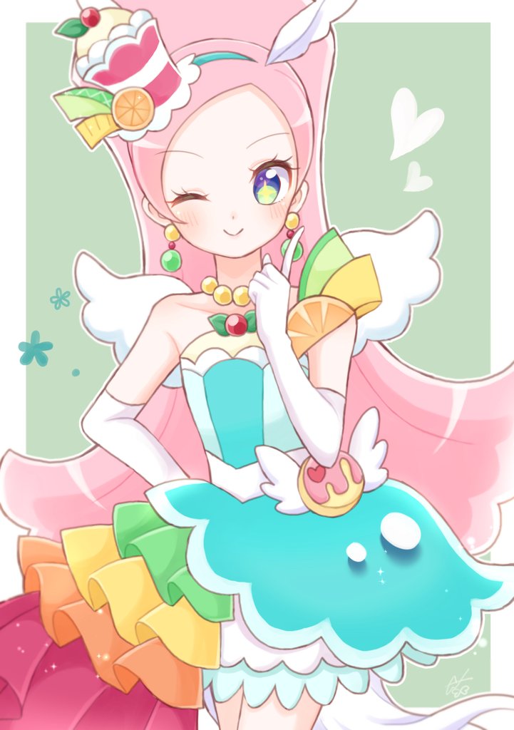 1girl animal_ears anko_maccha bare_shoulders berry blush choker collarbone commentary_request cowboy_shot cure_parfait dress earrings elbow_gloves food food-themed_hair_ornament fruit gloves hair_ornament headband heart horse_ears index_finger_raised jewelry kirahoshi_ciel kirakira_precure_a_la_mode kiwi_(fruit) leaf lemon long_hair multicolored_eyes one_eye_closed orange_(fruit) parfait pearl_choker pearl_earrings pink_hair ponytail precure solo strapless strapless_dress tail white_gloves white_tail white_wings wings