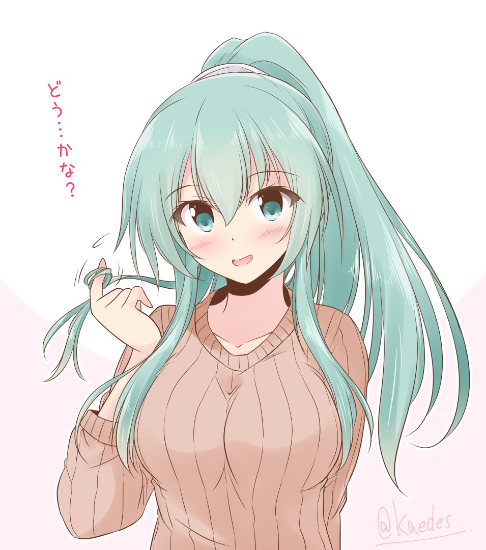1girl alternate_hairstyle breasts brown_sweater collarbone commentary_request cosplay green_eyes green_hair kantai_collection large_breasts long_hair looking_at_viewer playing_with_hair ponytail ribbed_sweater shizuna_kaede solo suzuya_(kancolle) sweater translated two-tone_background upper_body yamato_(kancolle) yamato_(kancolle)_(cosplay) yamato_(spring)_(kancolle)