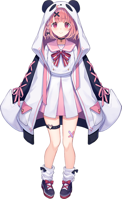 1girl ahoge animal_hood bandaid bandaid_on_leg black_bow black_choker black_footwear blush bow bowtie buttons choker double-breasted full_body hair_bow hair_ornament hood hooded_jacket jacket long_sleeves looking_at_viewer loose_socks lq_saku mole mole_under_eye nijisanji official_alternate_costume official_art panda_hood pink_eyes pink_hair red_bow red_bowtie sailor_collar sasaki_saku sasaki_saku_(6th_costume) school_uniform short_hair skirt sleeves_past_fingers sleeves_past_wrists smile socks solo thigh_strap transparent_background virtual_youtuber white_bow white_jacket white_skirt white_socks x_hair_ornament