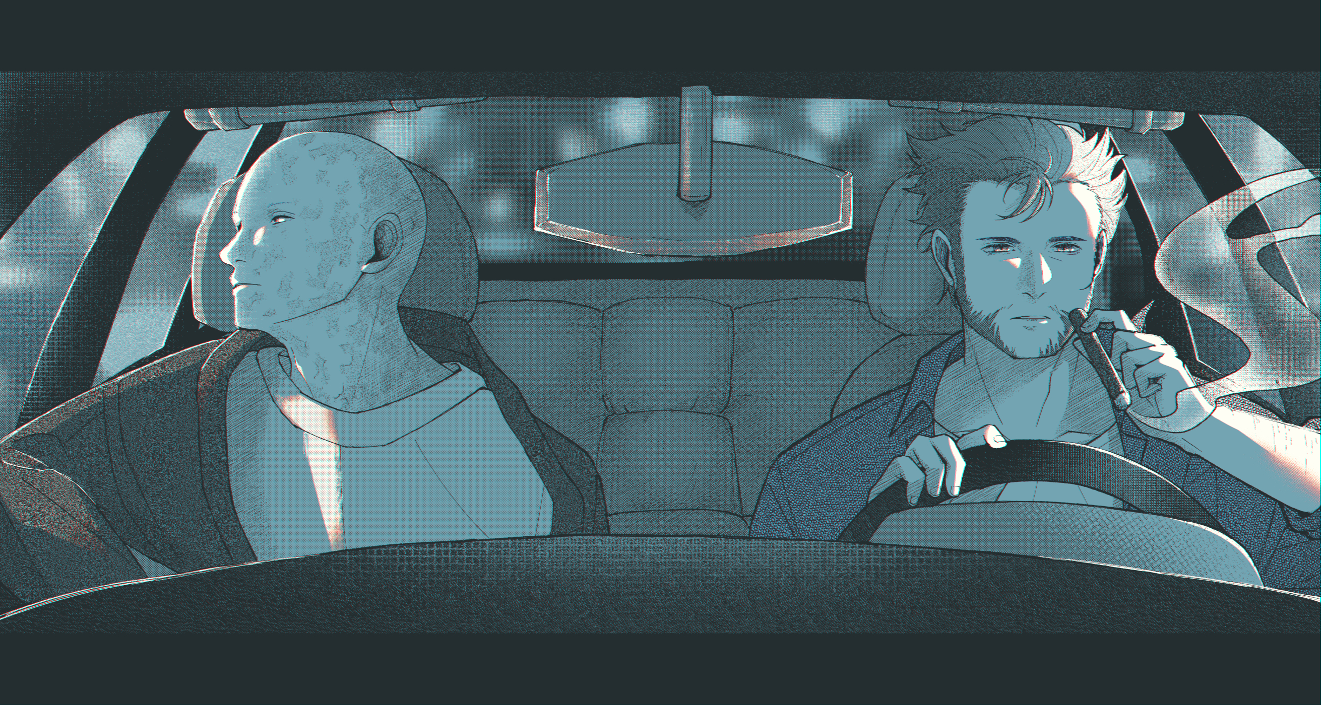 2boys animification bald beard car_interior cigar commentary_request deadpool deadpool_&_wolverine deadpool_(series) doghooouse facial_hair highres holding holding_cigar long_sleeves looking_to_the_side male_focus marvel marvel_cinematic_universe multiple_boys open_clothes parted_lips scar scars_all_over shirt short_hair sitting smoke too_many upper_body wolverine_(x-men) x-men