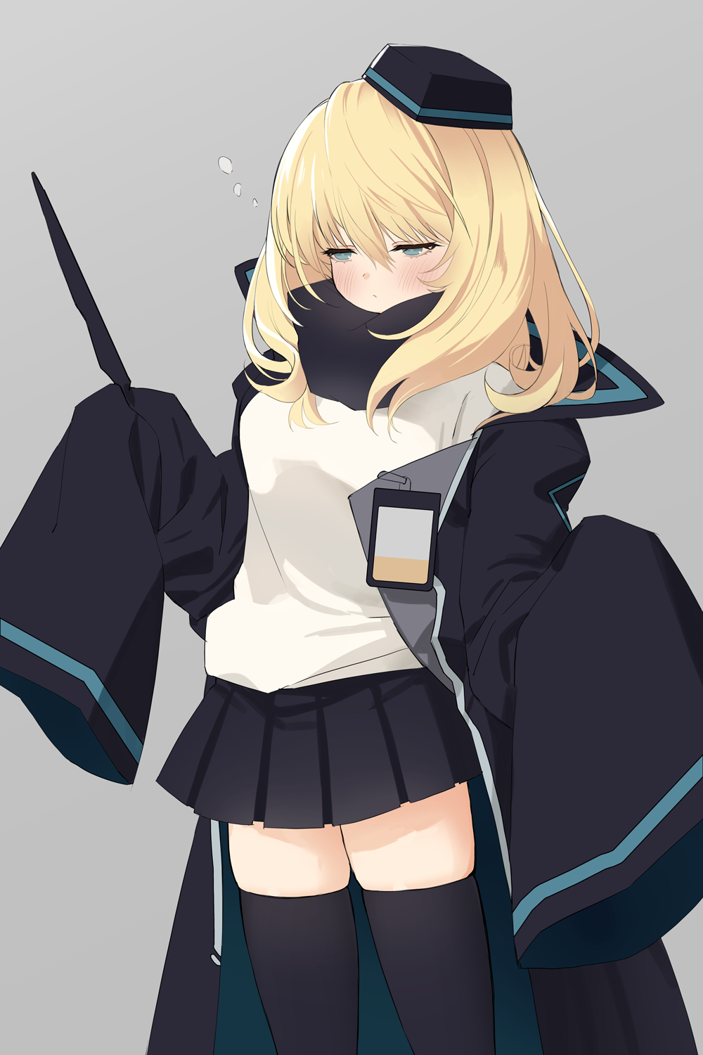 1girl arknights black_coat black_hat black_skirt black_thighhighs blonde_hair blue_eyes blush breasts coat commentary cowboy_shot durin_(arknights) expressionless garrison_cap grey_background hair_between_eyes hat highres holding holding_wand id_card long_hair long_sleeves looking_ahead masoo open_clothes open_coat pleated_skirt shirt simple_background skirt sleeves_past_fingers sleeves_past_wrists solo squeans symbol-only_commentary thighhighs wand white_shirt