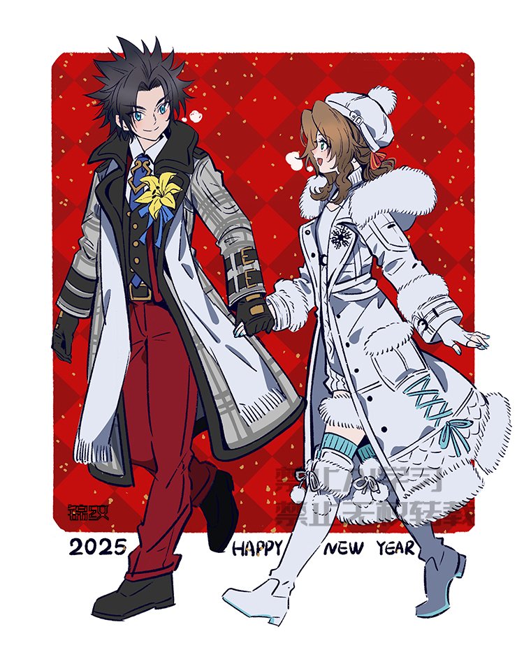 1boy 1girl 2025 aerith_gainsborough aerith_gainsborough_(fairy_of_snowfall) boots breath brown_hair coat corsage couple final_fantasy final_fantasy_vii final_fantasy_vii_ever_crisis fingerless_gloves formal_clothes fur_trim gloves happy_new_year holding_hands huosheanng looking_at_another necktie new_year official_alternate_costume smile snowing suit walking white_coat white_gloves zack_fair zack_fair_(holiday_suit)