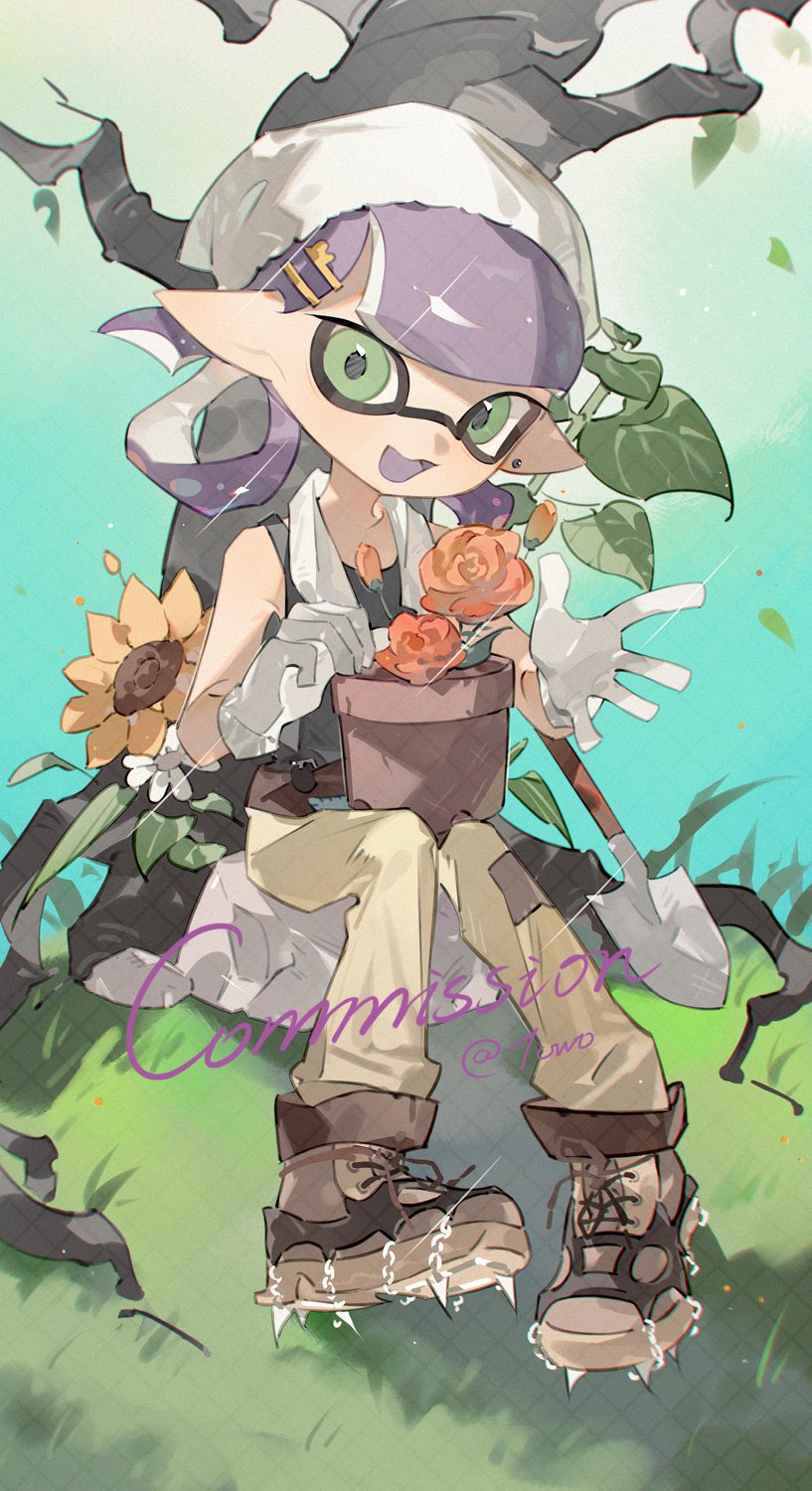 1girl :d against_tree black_tank_top blunt_bangs boots brown_boots colored_tongue commentary commission earrings english_commentary flower full_body gloves green_eyes hair_ornament hair_rings hairclip headscarf highres inkling inkling_girl inkling_player_character jewelry looking_at_viewer medium_hair nintendo on_rock open_mouth orange_flower pants plant pointy_ears potted_plant purple_hair purple_tongue sitting smile solo spiked_boots splatoon_(series) stud_earrings sunflower tank_top tentacle_hair towel towel_around_neck towo_nita tree white_gloves white_headscarf yellow_pants
