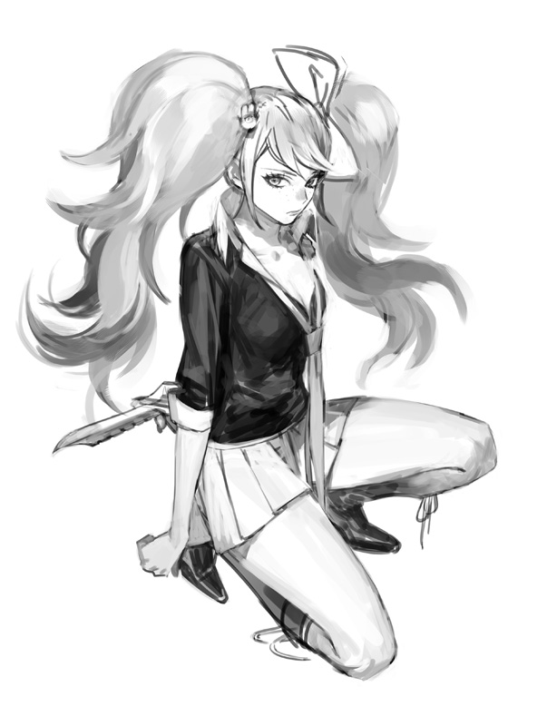1girl boots bow bra breasts cleavage closed_mouth collarbone collared_shirt cosplay dagger danganronpa:_trigger_happy_havoc danganronpa_(series) enoshima_junko enoshima_junko_(cosplay) eyeliner grey_hair hair_bow hair_ornament hand_on_own_foot high_heel_boots high_heels holding holding_behind_back holding_dagger holding_knife holding_weapon ikusaba_mukuro jacket knee_boots kneeling knife lapels lips long_hair long_sleeves makeup miniskirt multiple_expressions naoko_(artist) necktie notched_lapels pleated_skirt pointy_footwear rabbit_hair_ornament shirt simple_background skirt solo three-quarter_sleeves underwear very_long_hair weapon white_background