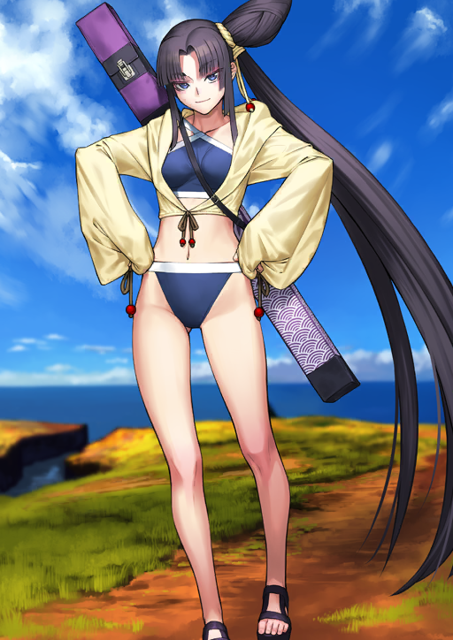 1girl bare_legs between_breasts bikini black_hair black_sandals blue_bikini blue_eyes breasts closed_mouth collarbone cropped_jacket curtained_hair eyeshadow fate/grand_order fate_(series) foot_out_of_frame gluteal_fold groin hair_tie hands_on_own_hips high_side_ponytail highleg highleg_bikini hood hooded_jacket jacket long_hair long_sidelocks looking_at_viewer makeup medium_breasts navel no_socks official_art platform_sandals red_eyeshadow sakamoto_mineji sandals sidelocks single_strap sleeves_past_wrists smile solo standing swimsuit third-party_source toes ushiwakamaru_(fate) ushiwakamaru_(fate/grand_order) ushiwakamaru_(swimsuit_assassin)_(fate) ushiwakamaru_(swimsuit_assassin)_(first_ascension)_(fate) variant_set very_long_hair weapon_bag yellow_jacket