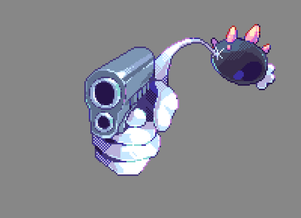 aiming aiming_at_viewer commentary english_commentary gen_7_pokemon grey_background gun hand_pointing_a_gun_(meme) handgun holding holding_gun holding_weapon meme nintendo no_humans outstretched_arm pink_eyes pokemon pokemon_(creature) pokemon_focus pyukumuku robin_(pixelated_robin) simple_background spines weapon