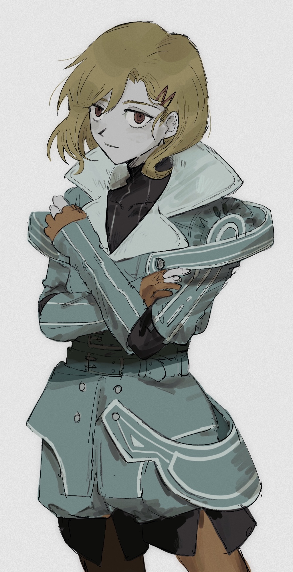 1other antenna_hair aqua_coat blonde_hair coat fingerless_gloves gloves gnosia hair_ornament hairclip highres looking_at_viewer other_focus red_eyes sema_(vivaviva_02) setsu_(gnosia) short_hair simple_background smile solo turtleneck