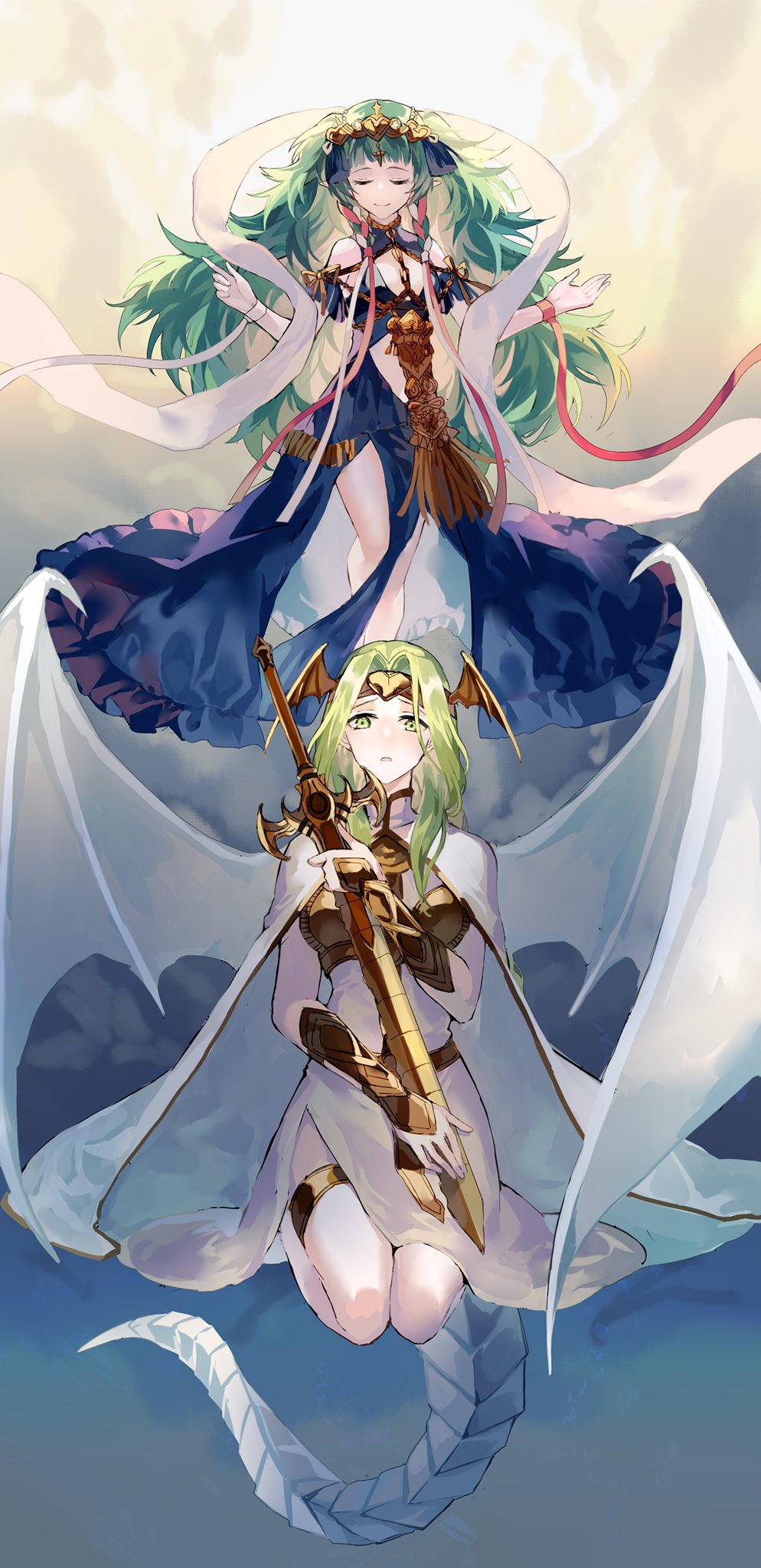 2girls arm_guards braid dragon_girl fire_emblem fire_emblem:_three_houses green_eyes green_hair hair_ribbon highres jnsghsi mother_and_daughter multiple_girls nintendo pointy_ears ribbon ribbon_braid seiros_(fire_emblem) side_braid sothis_(fire_emblem) sword_of_the_creator tiara twin_braids