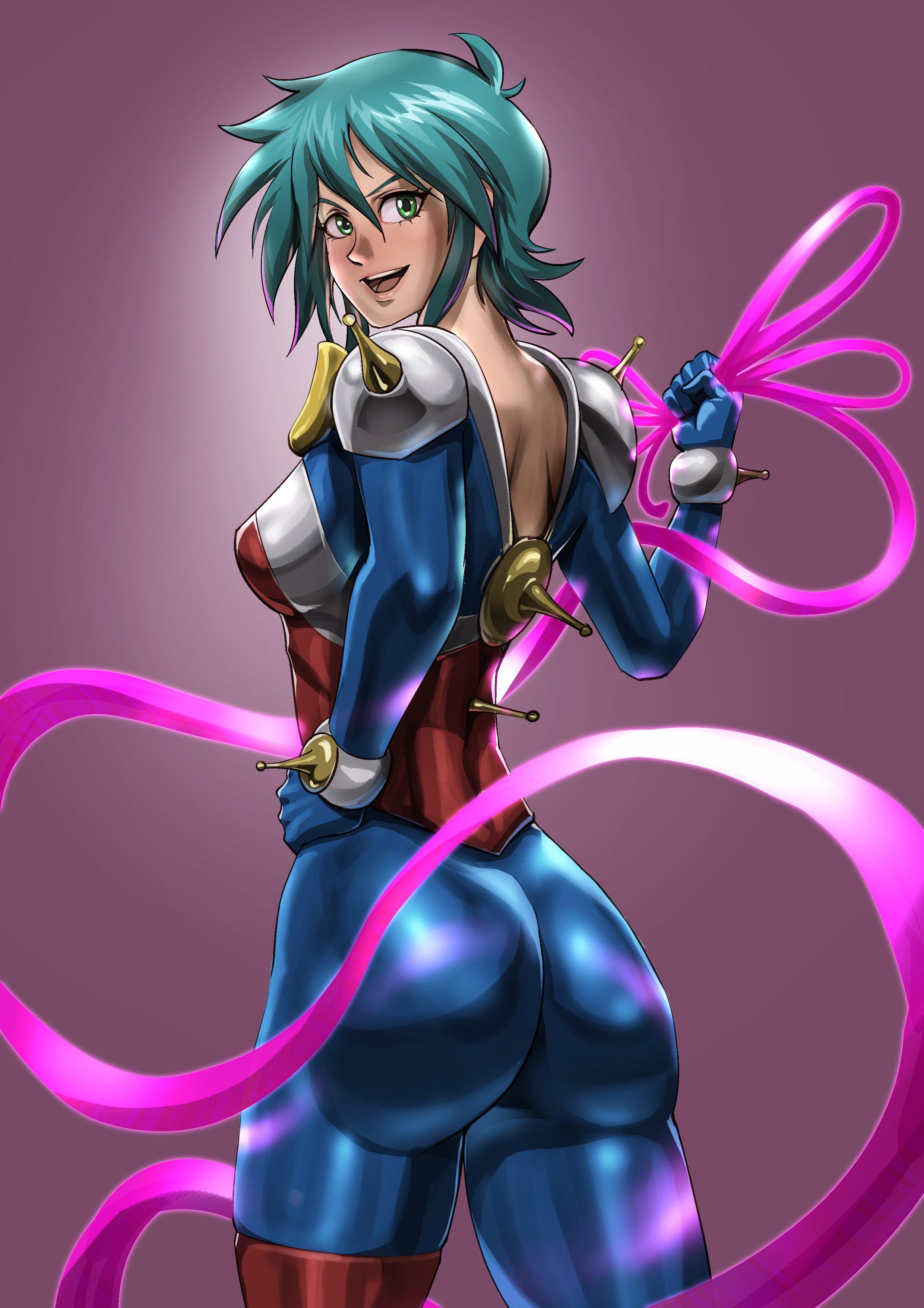 1girl absurdres allenby_beardsley aqua_hair ass beam_ribbon blue_bodysuit blush bodysuit breasts from_behind g_gundam green_eyes gundam hand_on_own_hip highres looking_at_viewer looking_back mecha_pilot_suit medium_breasts mobile_trace_suit multicolored_bodysuit open_mouth porukima shiny_clothes short_hair skin_tight smile solo standing