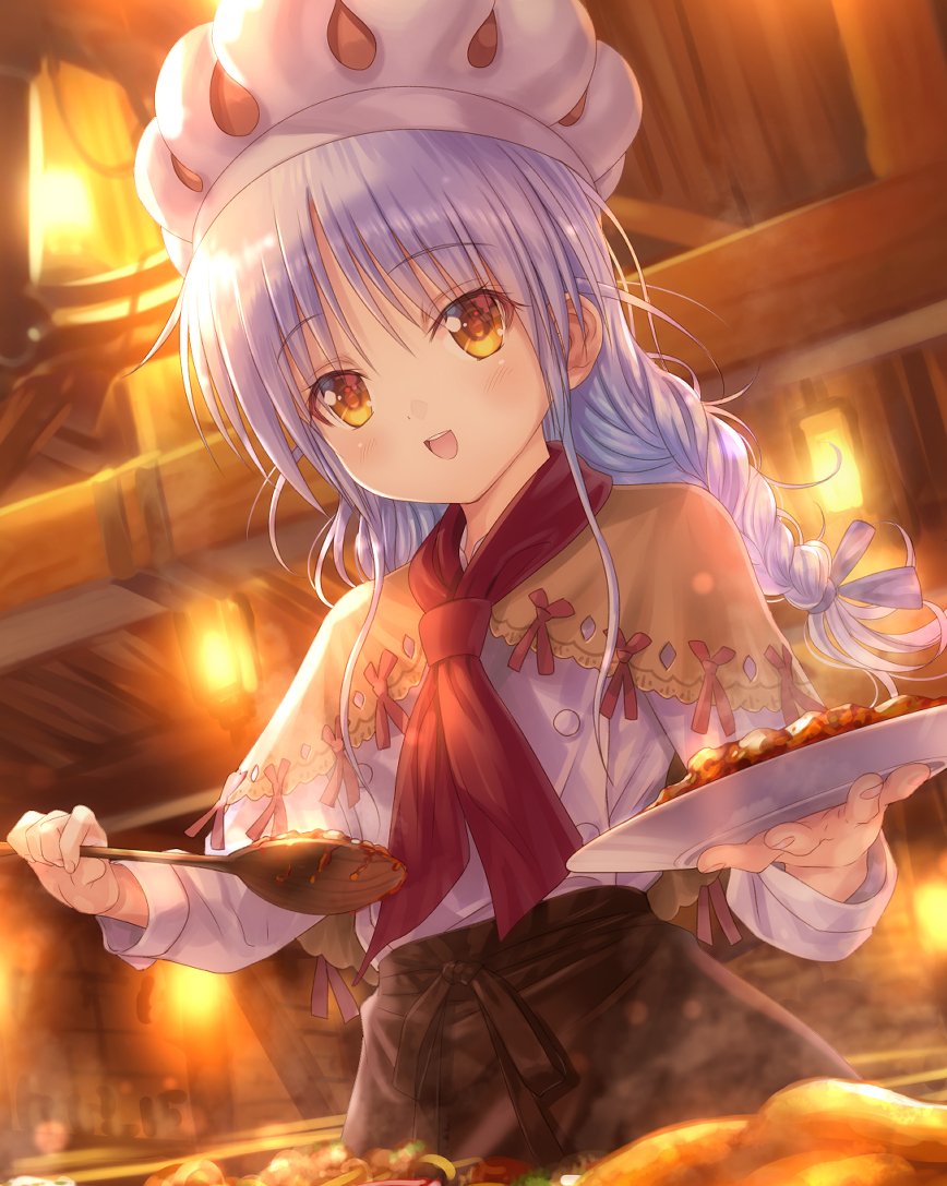 1girl :d alternate_costume angel_beats! blush braid brown_capelet brown_skirt capelet commentary_request cowboy_shot eyelashes food goto_p happy hat high-waist_skirt holding holding_plate holding_spoon indoors long_hair long_sleeves looking_at_viewer low_twin_braids necktie open_mouth plate red_necktie shirt sidelighting skirt smile solo spoon steam teeth tenshi_(angel_beats!) twin_braids upper_teeth_only waitress white_hair white_hat white_shirt yellow_eyes