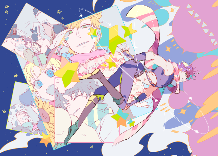 baby battle_tendency blonde_hair blue_eyes blue_hair boots caesar_anthonio_zeppeli colorful crop_top diamond_wa_kudakenai dog green_eyes hat higashikata_josuke iggy_(jojo) jean_pierre_polnareff jojo_no_kimyou_na_bouken joseph_joestar joseph_joestar_(old) joseph_joestar_(young) kakyoin_noriaki kuujou_joutarou midriff mohammed_avdol multiple_persona pastel_colors pompadour purple_hair scarf senzzang shizuka_joestar smile stardust_crusaders striped_clothes striped_scarf suzi_q