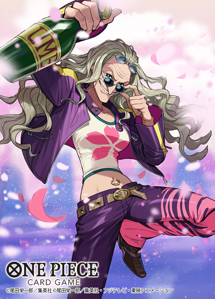 1girl alcohol belt bottle commentary_request copyright_name crop_top cropped_jacket dr._kureha gradient_background holding holding_bottle leg_up long_hair long_sleeves looking_at_viewer navel_piercing official_art one_piece one_piece_card_game pants petals piercing pink_petals smile solo sunglasses wine yuu_(higashi_no_penguin)