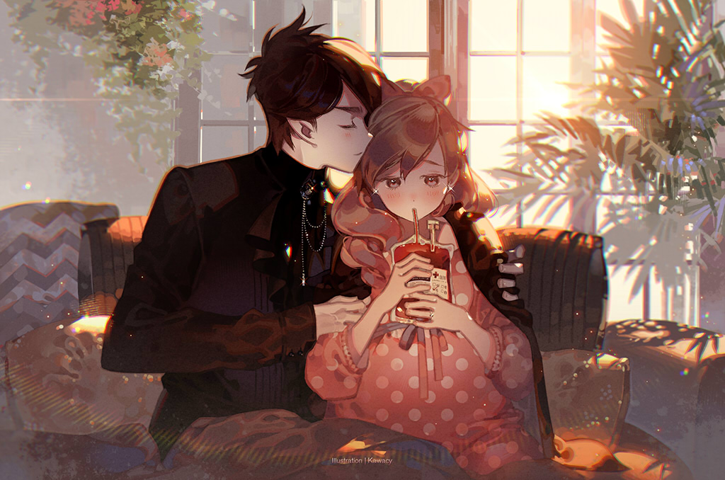 1boy 1girl black_hair blood blush brown_hair closed_eyes coach coat couch day drinking_straw embarrassed hug kawacy on_couch pajamas pillow plant sunlight window
