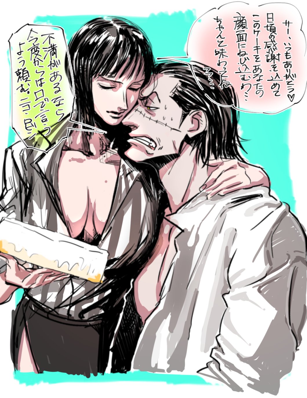 1boy 1girl arm_around_shoulder black_hair black_skirt bob_cut breasts cleavage clenched_teeth closed_eyes commentary_request crocodile_(one_piece) frown hair_slicked_back half-closed_eyes highres holding large_breasts nico_robin one_piece open_clothes open_shirt side_slit skirt teeth tobo_katsuo translation_request