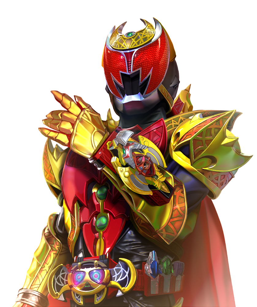1boy armor belt black_bodysuit bodysuit cape compound_eyes full_armor gold_armor helmet kamen_rider kamen_rider_kiva kamen_rider_kiva_(emperor_form) kamen_rider_kiva_(series) male_focus masukudo_(hamamoto_hikaru) multiple_boys red_cape red_eyes rider_belt solo tokusatsu