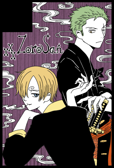 2boys bandana_around_arm black_suit blonde_hair blue_eyes cigarette clamp_(circle)_(style) closed_mouth crossed_arms formal_clothes green_hair hair_over_one_eye holding holding_cigarette looking_at_another looking_at_viewer lou_(usopo) male_focus multiple_boys one_piece orange_eyes parody parted_lips purple_background roronoa_zoro sanji_(one_piece) scar scar_across_eye scar_on_face sheath sheathed shirt short_hair smile smoke smoking smug striped_background suit sword weapon xxxholic yellow_shirt