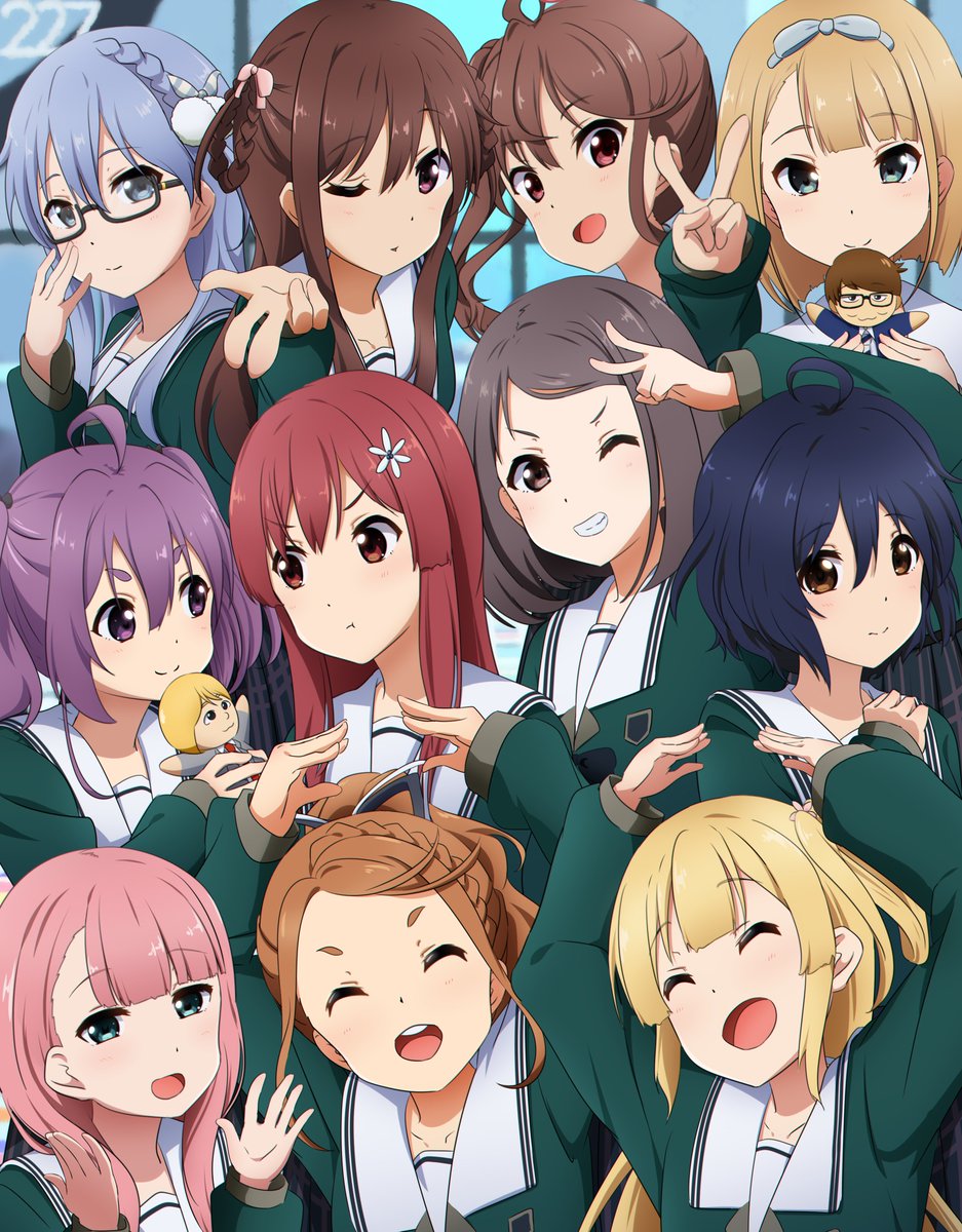 22/7 6+girls :d ^_^ ahoge asymmetrical_bangs black-framed_eyewear black_bow black_bowtie black_ribbon blonde_hair blowing_kiss blue_bow blue_eyes blue_hair blue_hairband blunt_bangs bow bow_hairband bowtie braid braided_hair_rings brown_eyes brown_hair closed_eyes closed_mouth dark_blue_hair everyone flower fujima_sakura green_eyes green_shirt grey_eyes grey_hair grin group_name hair_between_eyes hair_bow hair_flower hair_ornament hair_ribbon hair_rings hairband high_ponytail highres hiiragi_tsubomi holding holding_stuffed_toy igashiko indoors kamiki_mikami kono_miyako light_blue_hair long_hair long_sleeves looking_at_another maruyama_akane medium_hair multiple_girls o_arms one_eye_closed one_side_up open_hands open_mouth pink_bow pink_hair pom_pom_(clothes) pom_pom_hair_ornament ponytail purple_eyes purple_hair rectangular_eyewear red_eyes red_hair ribbon rokubanchou_school_uniform sailor_collar saito_nicole sato_reika school_emblem school_uniform semi-rimless_eyewear serafuku shirt short_hair sidelocks single_braid single_hair_ring smile stuffed_toy tachikawa_ayaka takigawa_miu teeth toda_jun tojo_yuki twin_braids twintails two_side_up under-rim_eyewear upper_teeth_only v v-shaped_eyebrows white_flower white_sailor_collar window winter_uniform