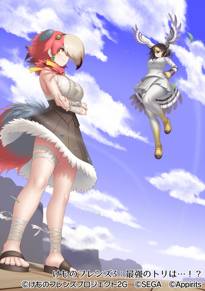2girls arm_wrap bare_shoulders bird_girl bird_tail bird_wings blonde_hair blue_hair bow bowtie brown_footwear brown_hair brown_necktie brown_skirt center_frills crossed_arms flying frills fur_collar fur_trim gastornis_(kemono_friends) gradient_legwear hair_between_eyes head_wings high-waist_skirt kemono_friends kemono_friends_3 leg_wrap long_sleeves multicolored_hair multiple_girls necktie northern_goshawk_(kemono_friends) official_art orange_eyes pantyhose pleated_skirt red_bow red_bowtie red_fur red_hair sandals shirt shoes short_hair sidelocks skirt sky sleeveless tail thigh_strap two-tone_hair white_fur white_hair white_pantyhose white_shirt white_skirt wings yellow_pantyhose yellow_shoes yoshida_hideyuki