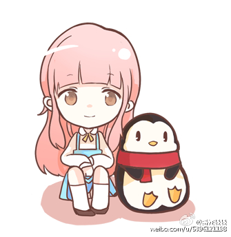 1girl arms_on_knees artist_request bird blue_dress blunt_bangs brown_eyes brown_shoes chibi closed_mouth collared_shirt dress kneehighs knees_up long_hair long_sleeves looking_at_viewer lowres nikki_(nikki) nikki_(series) nikki_up2u2:_world_traveller official_art own_hands_together penguin pinafore_dress pink_hair puffy_long_sleeves puffy_sleeves second-party_source shadow shirt shoes short_dress sidelocks simple_background sitting sleeveless sleeveless_dress smile socks very_long_hair watermark weibo_watermark white_background white_shirt white_socks