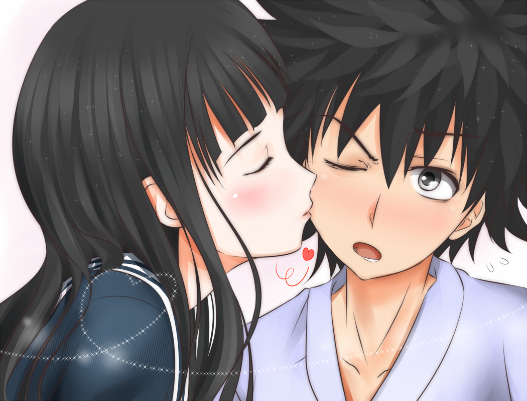 1boy 1girl a_certain_high_school_uniform black_hair blush closed_eyes commentary_request from_side hair_between_eyes heart hetero hime_cut himegami_aisa kamijou_touma kiss kissing_cheek long_hair lower_teeth_only one_eye_closed open_mouth profile school_uniform shin_(highest1192) short_hair simple_background spiked_hair surprise_kiss surprised teeth toaru_majutsu_no_index toaru_majutsu_no_index:_old_testament white_background