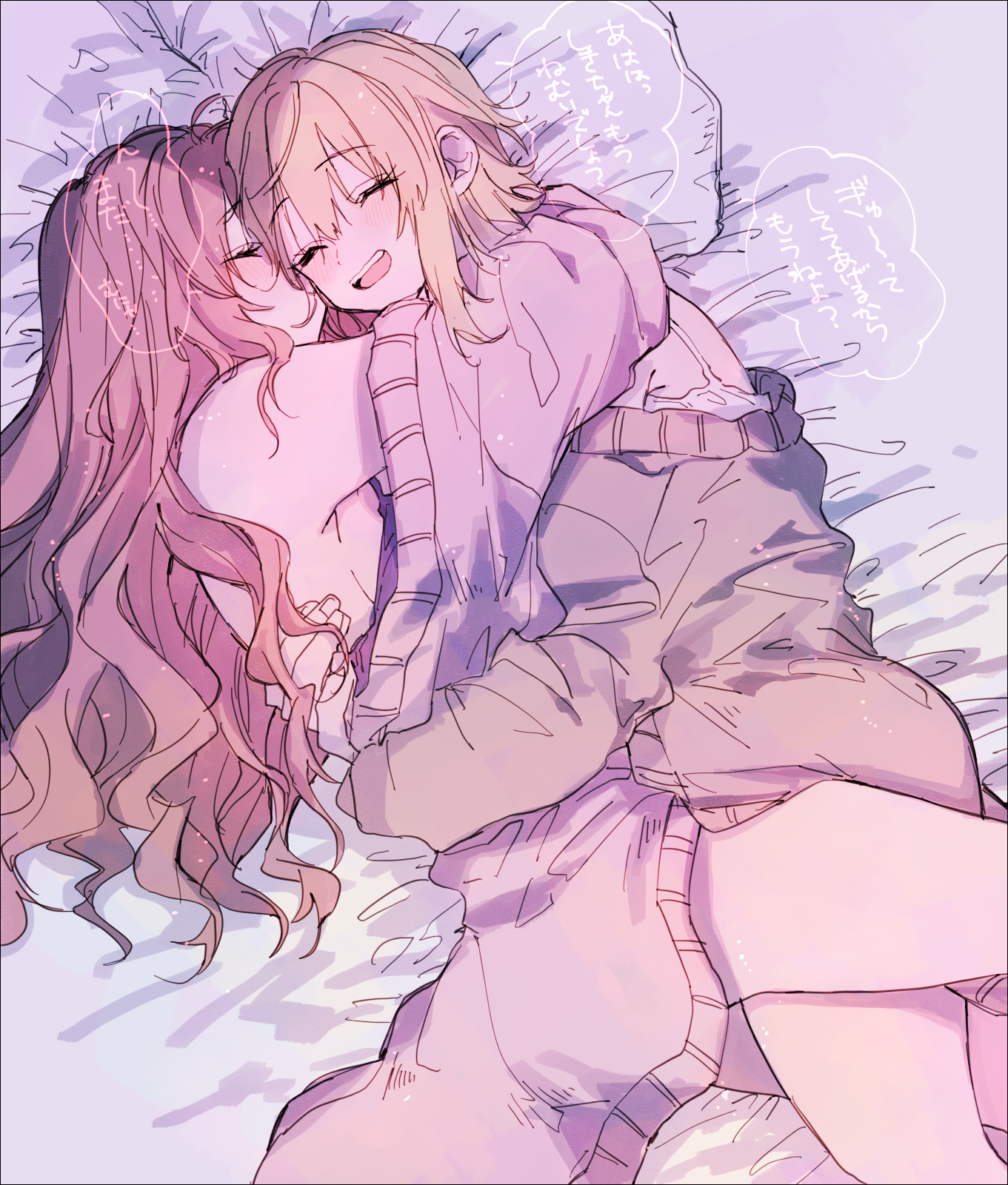 2girls amane_(7783) arms_around_neck black_sweater blonde_hair camisole closed_eyes cuddling highres hug ichinose_shiki idolmaster idolmaster_cinderella_girls leg_between_thighs long_hair miyamoto_frederica multiple_girls off_shoulder on_bed open_mouth pink_hair purple_sweater short_hair smile speech_bubble sweater translation_request white_camisole yuri