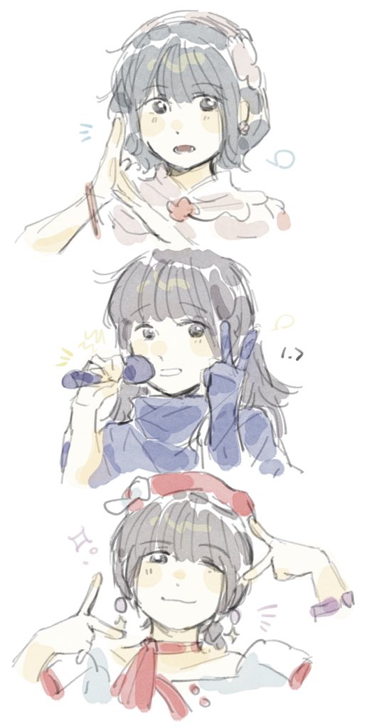 3girls 3rd_live_tour_try_tri_unity!!! :d ;3 animification aoku_haruka/flower black_hair blank_speech_bubble blue_gloves blue_shirt brown_hair choker closed_mouth collarbone commentary cropped_shoulders dated dress earrings elbow_gloves finger_frame gloves grin haji_wa_jinsei_no_kakisute hat hayama_fuka holding holding_microphone inward_v jewelry kurusu_rin ladybug/beauty_(love_live!) link!_like!_love_live! long_hair looking_at_viewer love_live! microphone miracreation/elegance multi-tied_hair multiple_girls notice_lines off-shoulder_dress off_shoulder one_eye_closed open_mouth own_hands_together ponytail real_life red_hat ribbon_choker sakurai_hina shirt short_hair sidelocks simple_background single_elbow_glove single_glove smile sparkle speech_bubble squeans v voice_actor white_background white_dress woodonly