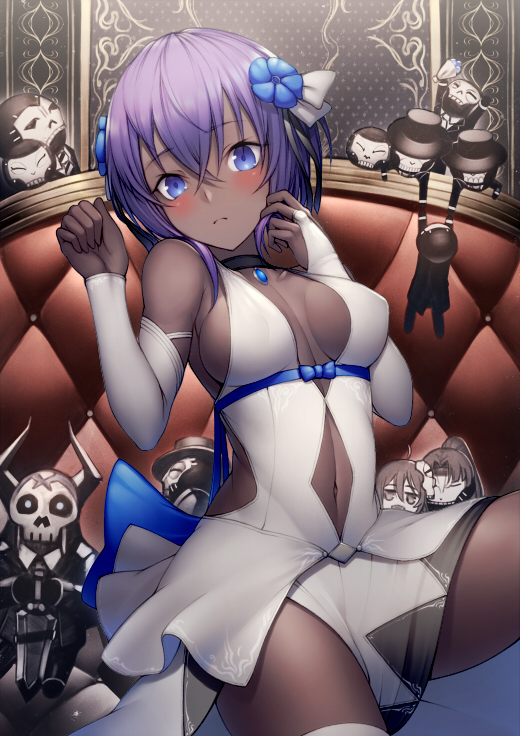 1girl assassin_(fate/zero) bare_shoulders blue_ribbon blush breasts bridal_gauntlets center_opening child_assassin_(fate/zero) choker clothing_cutout couch dark-skinned_female dark_skin dress fate/grand_order fate/prototype fate/prototype:_fragments_of_blue_and_silver fate/stay_night fate/zero fate_(series) female_assassin_(fate/zero) hair_between_eyes hair_ribbon hassan_of_serenity_(fate) hassan_of_the_cursed_arm_(fate) jewelry king_hassan_(fate) kyoeiki looking_at_viewer medium_breasts navel navel_cutout pendant purple_hair ribbon sash short_hair sitting stuffed_toy thighhighs thighs white_dress white_thighhighs