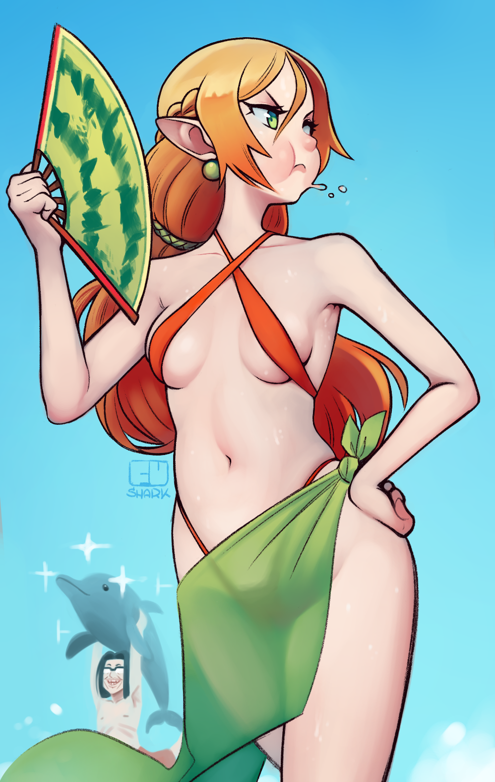 1boy 1girl artist_logo bikini blonde_hair breasts breasts_apart clear_sky commentary cowboy_shot criss-cross_halter day dolphin ecco_the_dolphin ecco_the_dolphin_(game) elf english_commentary folding_fan fu_shark glasses green_eyes green_sarong hair_between_eyes halterneck hand_fan hand_on_own_hip highres isekai_ojisan logo long_hair looking_to_the_side navel orange_bikini outdoors pointy_ears pout sarong shibazaki_yousuke sky small_breasts sui_(isekai_ojisan) swimsuit