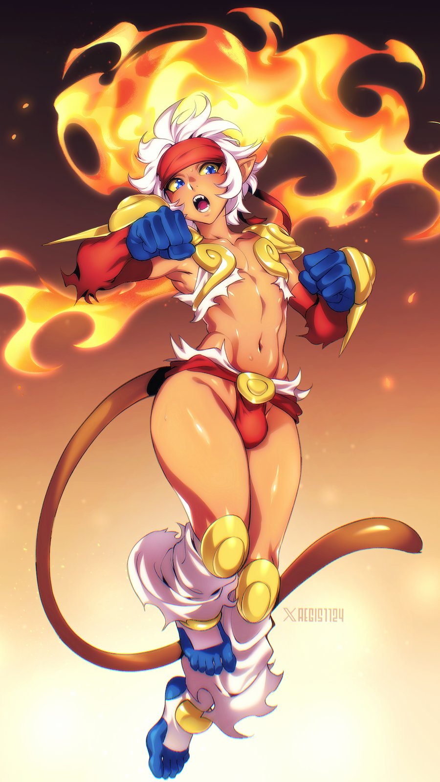 1boy 1girl bishounen blue_eyes bulge colored_sclera fire full_body gen_4_pokemon headband highres humanization infernape monkey_tail nintendo orangekissess pointy_ears pokemon pokemon_(creature) red_headband revealing_clothes simple_background tail toned toned_male white_hair yellow_sclera