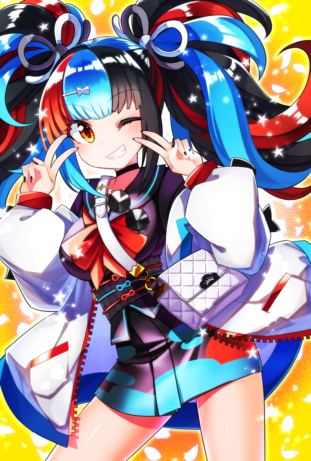 1girl bag black_hair black_nails black_sailor_collar black_serafuku black_shirt blue_hair blush breasts choker double_v eyewear_hang fate/grand_order fate_(series) female_focus grin highres jacket large_breasts long_hair long_sleeves looking_at_viewer multicolored_hair nail_polish obi off-shoulder_jacket off_shoulder one_eye_closed open_clothes open_jacket puffy_long_sleeves puffy_sleeves red_hair sailor_collar sash school_uniform sei_shounagon_(fate) serafuku shirt shoulder_bag smile solo star_(symbol) sunglasses sunglasses_around_neck tanpopo_hayabusa-maru thighs twintails unworn_eyewear v white_bag white_jacket yellow_background yellow_eyes